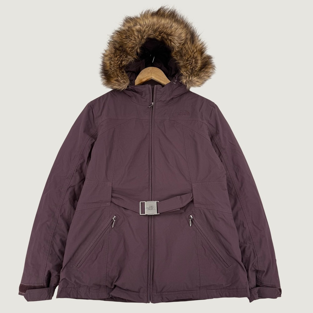 The North Face Womens M HyVent Down Parka Jacket Plum Purple Faux Fur Belted